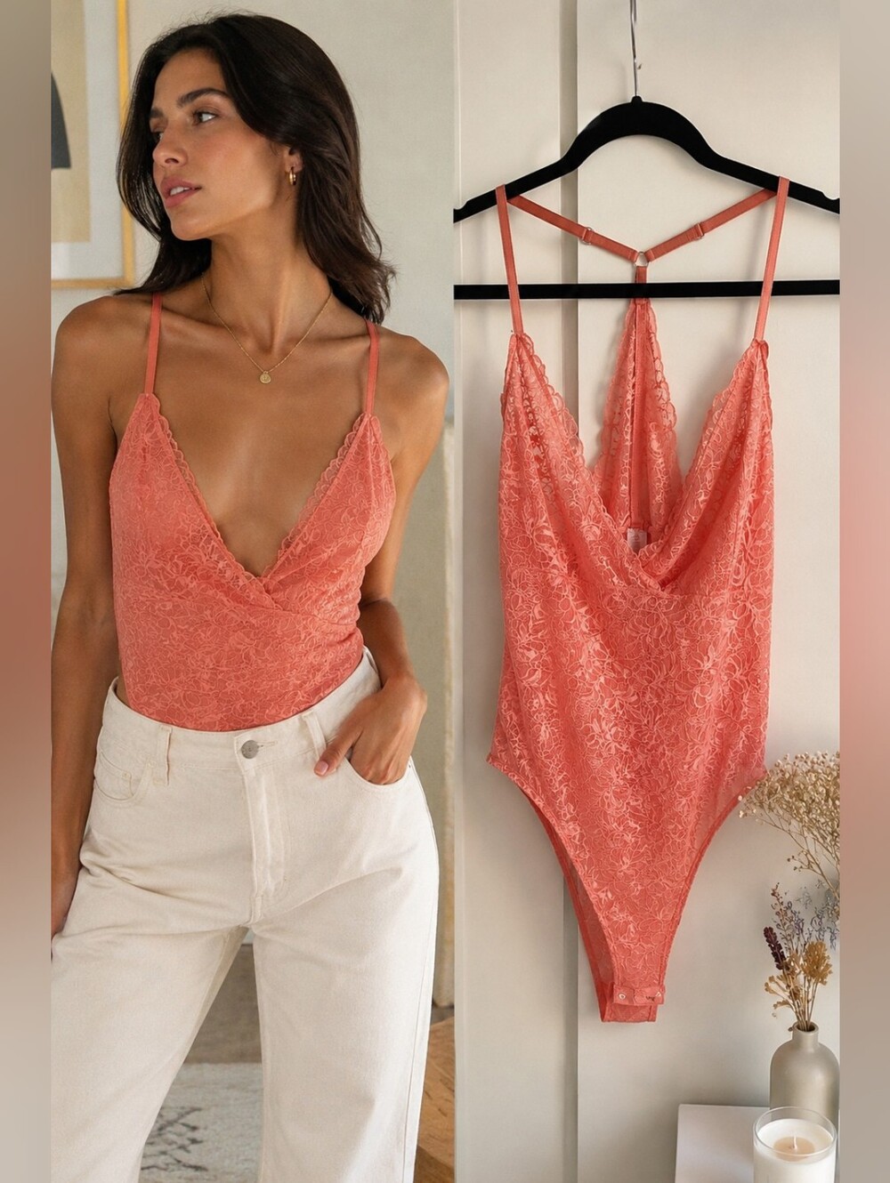 AllSaints Soft Coral Pink Lace Bodysuit Floral Lace Deep V US 2 NWOT